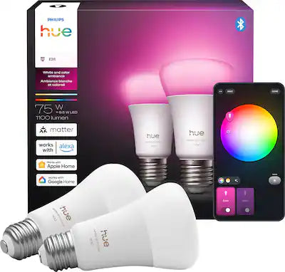 Philips - Hue Smart A19 E26 Bulb, 2pk - White and Color